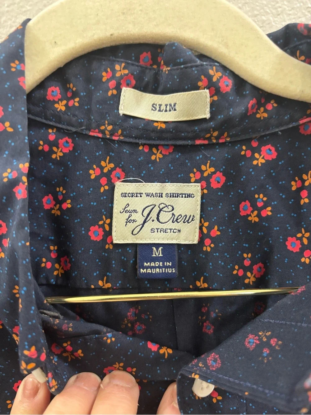 J. Crew Navy Button-Down Shirt with Pink Floral Print slim